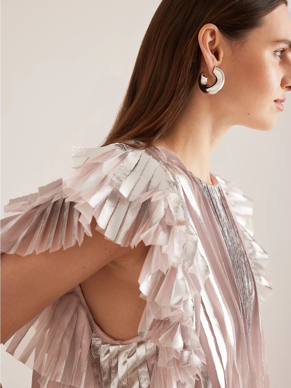 Anthropologie Pleated Foil Top Statement Blouse Metallic Pink Silver Size Small - Picture 11 of 14